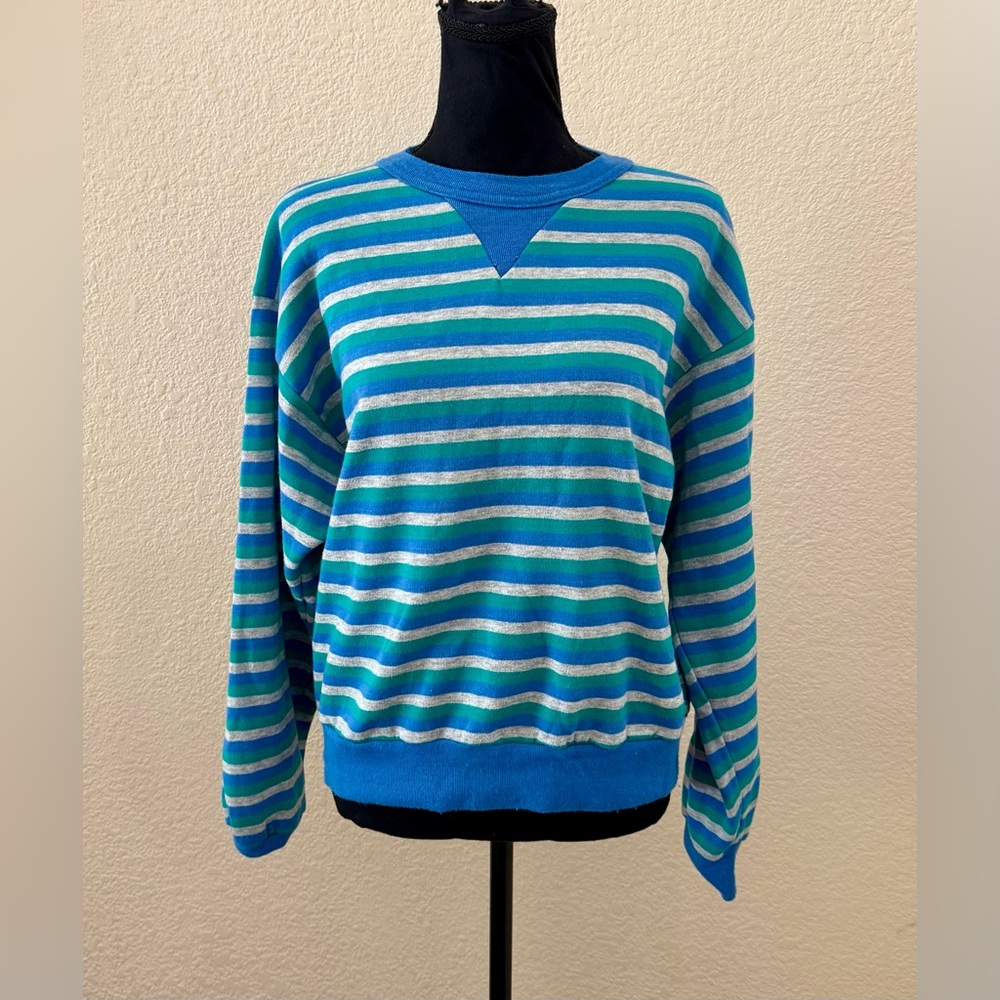 Vintage ‘80s Gap Blue & Green Striped Crew Neck Sweatshirt Size Medium